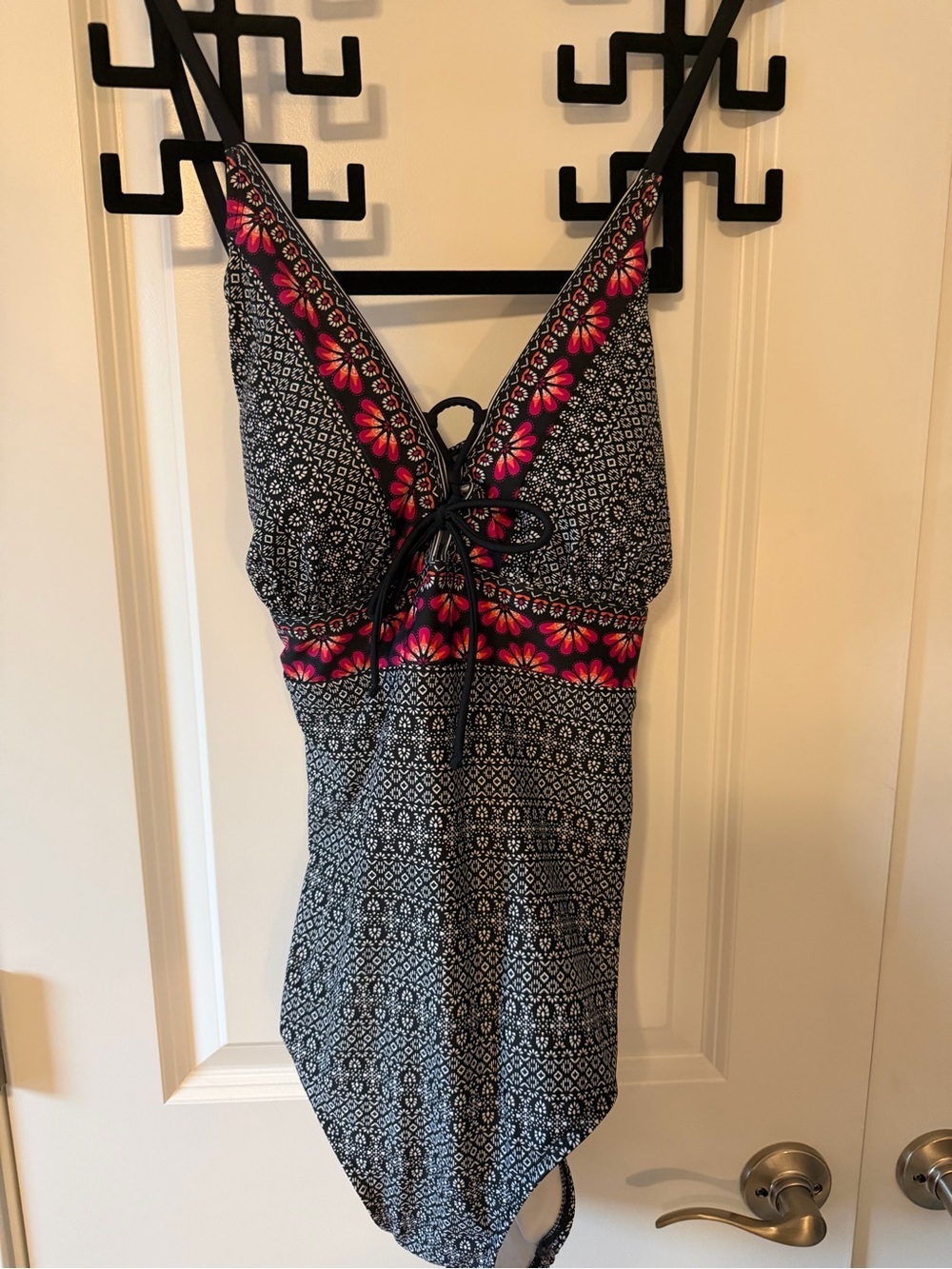 Kona Sol Black & White One-Piece Swimsuit with Pink Floral Trim XL